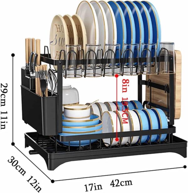 Escurridor de Platos de 2 Niveles Negro con Desagüe - Imagen 5