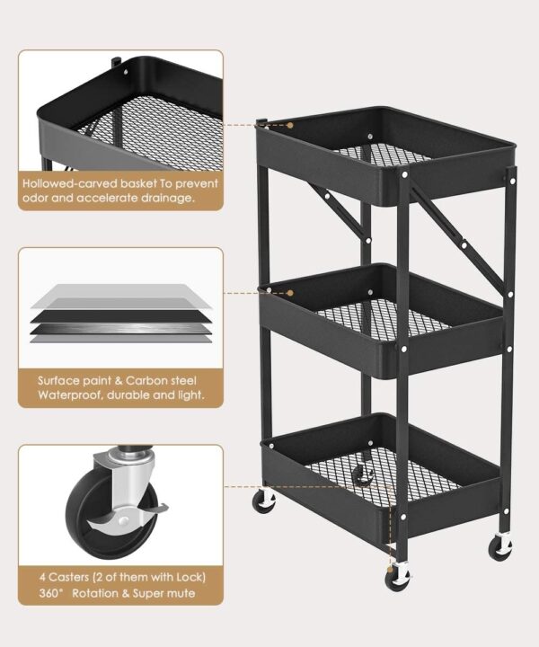 Carrito Multiuso Metálico Plegable de 3 Niveles - Imagen 6
